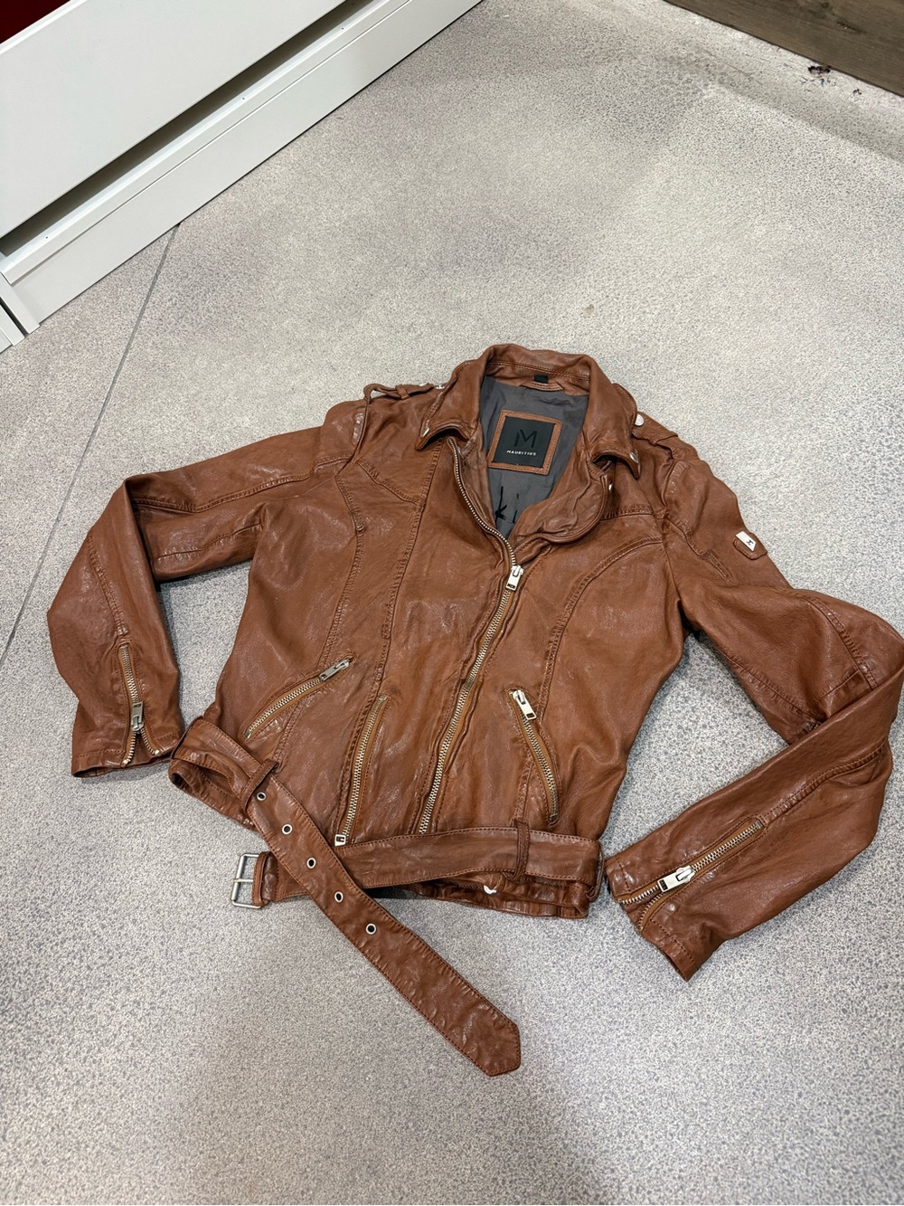 Mauritis Brown Leather Moto Biker Jacket Coat Small